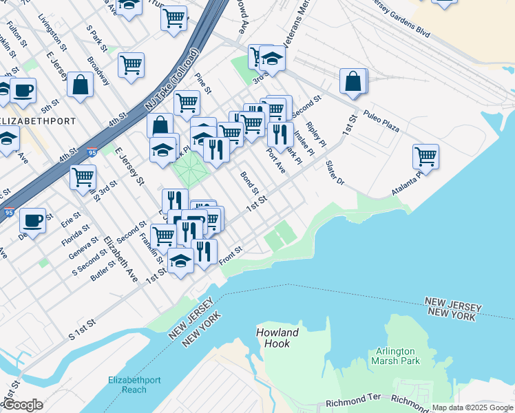 map of restaurants, bars, coffee shops, grocery stores, and more near 185 1st Street in Elizabeth