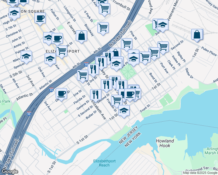 map of restaurants, bars, coffee shops, grocery stores, and more near 200 East Jersey Street in Elizabeth