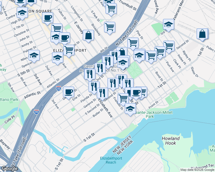 map of restaurants, bars, coffee shops, grocery stores, and more near 223 Franklin Street in Elizabeth