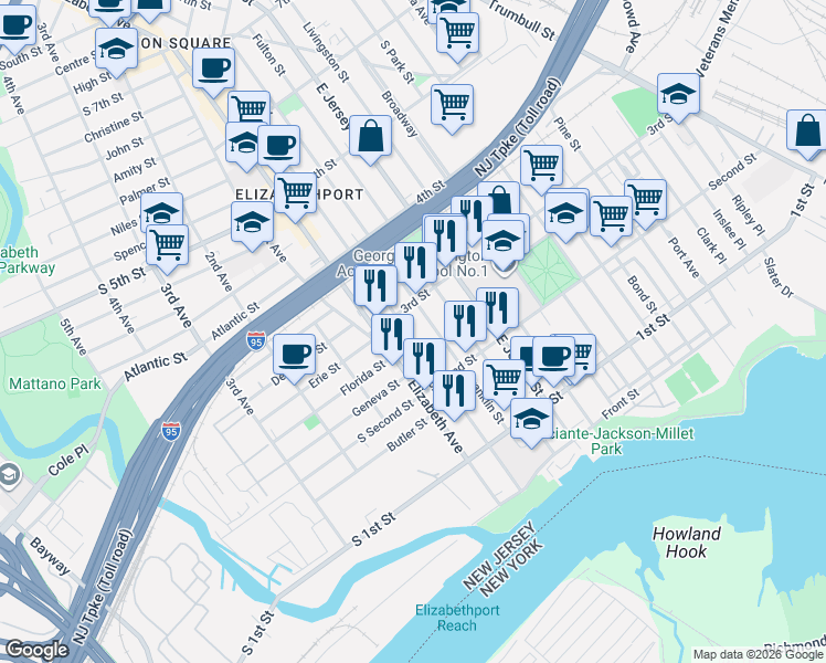 map of restaurants, bars, coffee shops, grocery stores, and more near 241 Marshall Street in Elizabeth