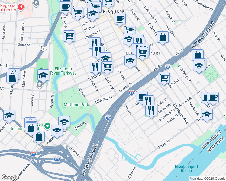 map of restaurants, bars, coffee shops, grocery stores, and more near 314 Doyle Street in Elizabeth