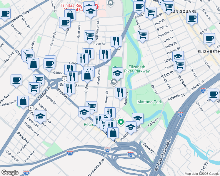 map of restaurants, bars, coffee shops, grocery stores, and more near 622 Summer Street in Elizabeth