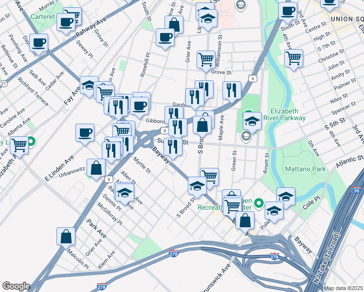 map of restaurants, bars, coffee shops, grocery stores, and more near 613 Grier Avenue in Elizabeth