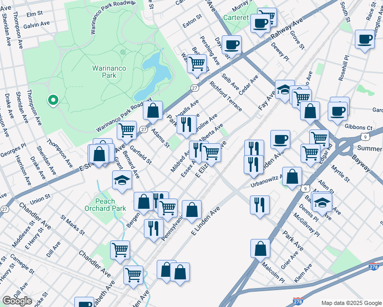 map of restaurants, bars, coffee shops, grocery stores, and more near 1927 Essex Avenue in Linden