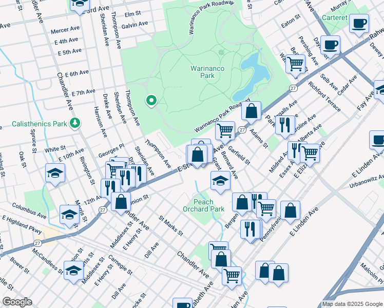 map of restaurants, bars, coffee shops, grocery stores, and more near 5A Carolyn Terrace in Roselle