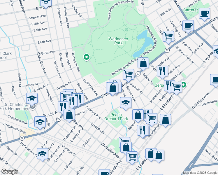 map of restaurants, bars, coffee shops, grocery stores, and more near 5A Carolyn Terrace in Roselle
