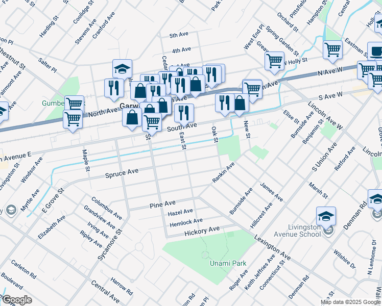 map of restaurants, bars, coffee shops, grocery stores, and more near 300 East Street in Garwood