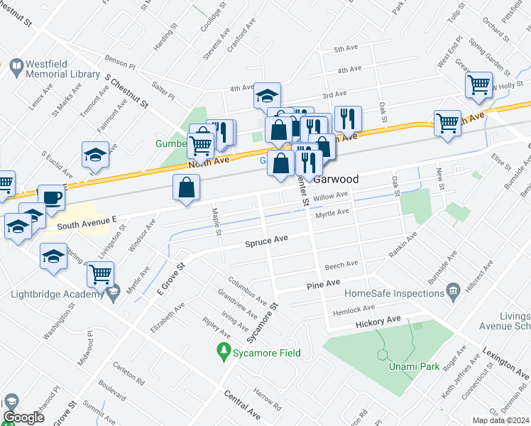 map of restaurants, bars, coffee shops, grocery stores, and more near 430 Myrtle Avenue in Garwood
