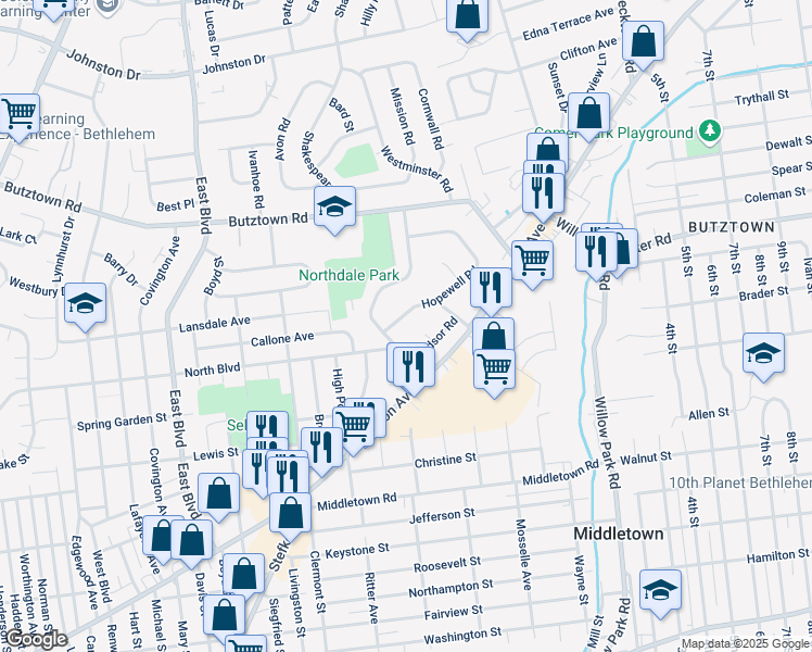 map of restaurants, bars, coffee shops, grocery stores, and more near 1929 Windsor Place in Bethlehem