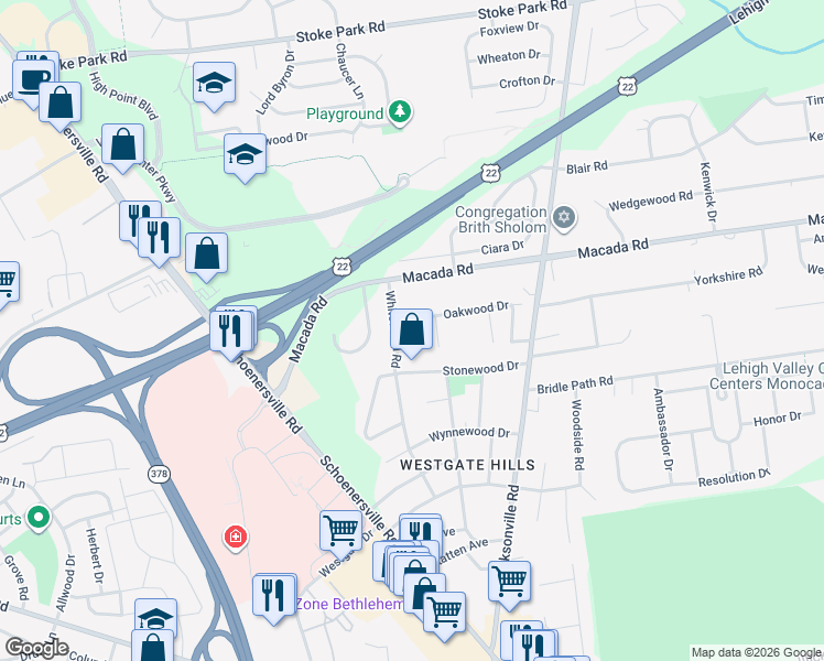 map of restaurants, bars, coffee shops, grocery stores, and more near 2860 Whitewood Road in Bethlehem
