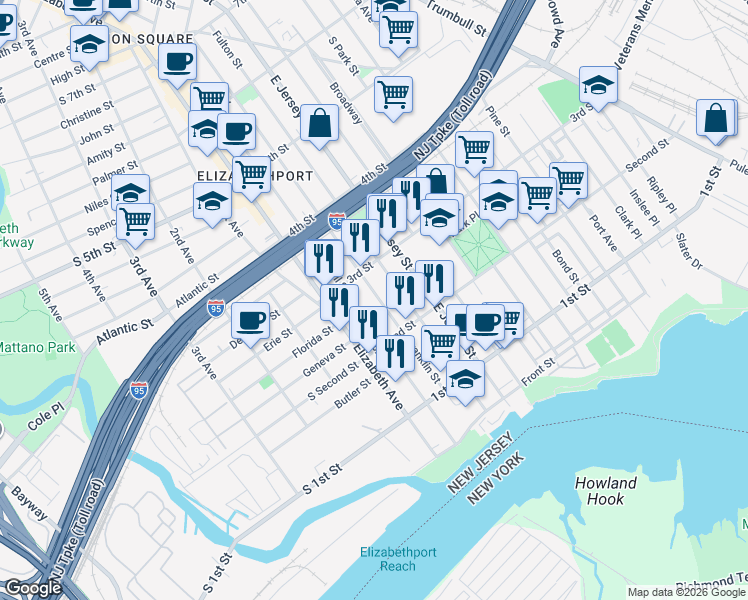 map of restaurants, bars, coffee shops, grocery stores, and more near 241 Marshall Street in Elizabeth