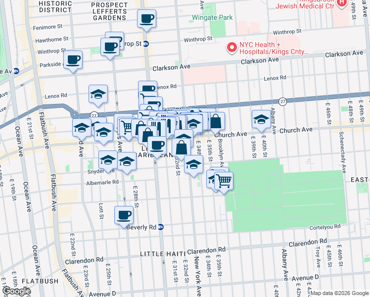 map of restaurants, bars, coffee shops, grocery stores, and more near 956 New York Avenue in Brooklyn