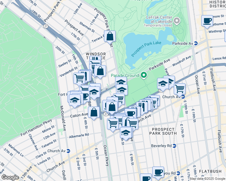 map of restaurants, bars, coffee shops, grocery stores, and more near 312 Coney Island Avenue in Brooklyn