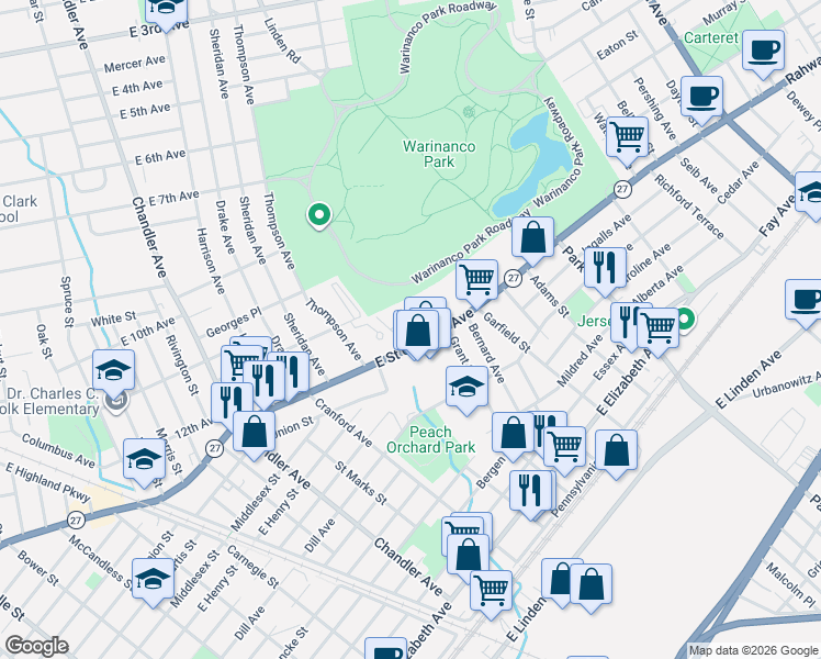 map of restaurants, bars, coffee shops, grocery stores, and more near 5A Carolyn Terrace in Roselle