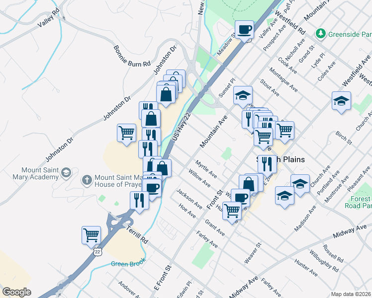 map of restaurants, bars, coffee shops, grocery stores, and more near 1747 Mountain Avenue in Scotch Plains