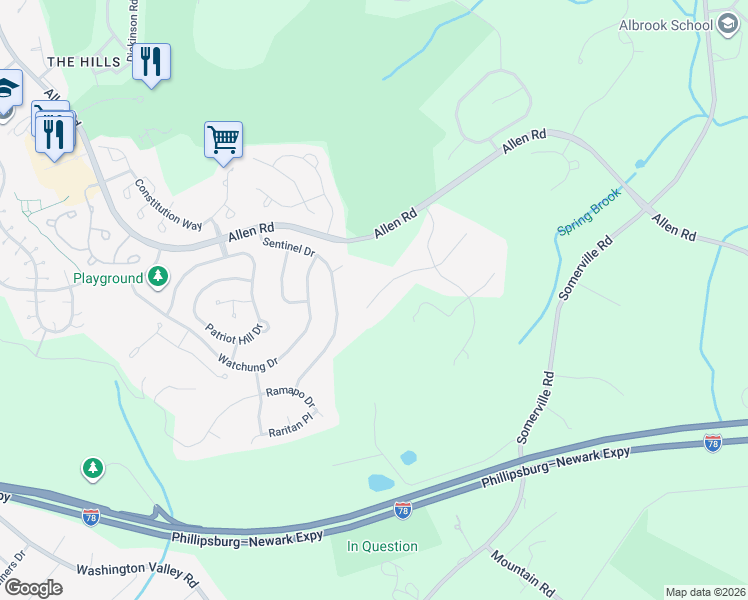 map of restaurants, bars, coffee shops, grocery stores, and more near 26 Talmadge Lane in Basking Ridge