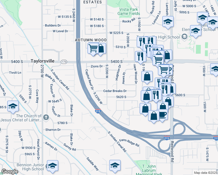 map of restaurants, bars, coffee shops, grocery stores, and more near 5557 2200 West in Salt Lake City