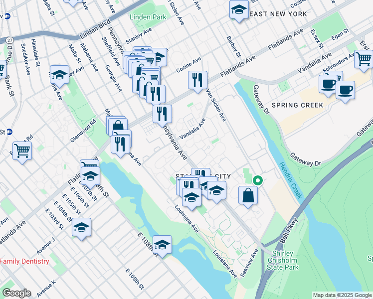 map of restaurants, bars, coffee shops, grocery stores, and more near 1255 Pennsylvania Avenue in Brooklyn