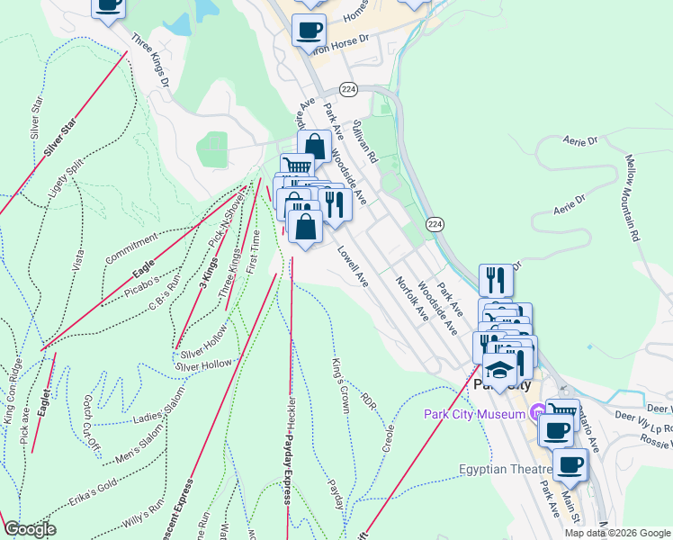 map of restaurants, bars, coffee shops, grocery stores, and more near 1232 Lowell Avenue in Park City