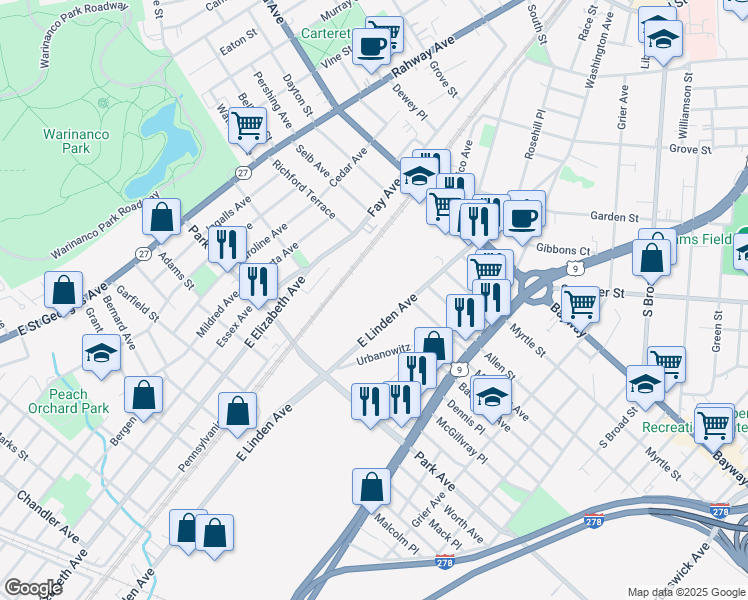 map of restaurants, bars, coffee shops, grocery stores, and more near 2401 East Linden Avenue in Linden