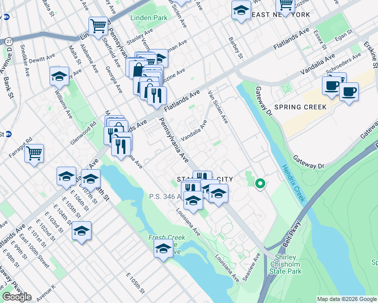 map of restaurants, bars, coffee shops, grocery stores, and more near 1255 Pennsylvania Avenue in Brooklyn