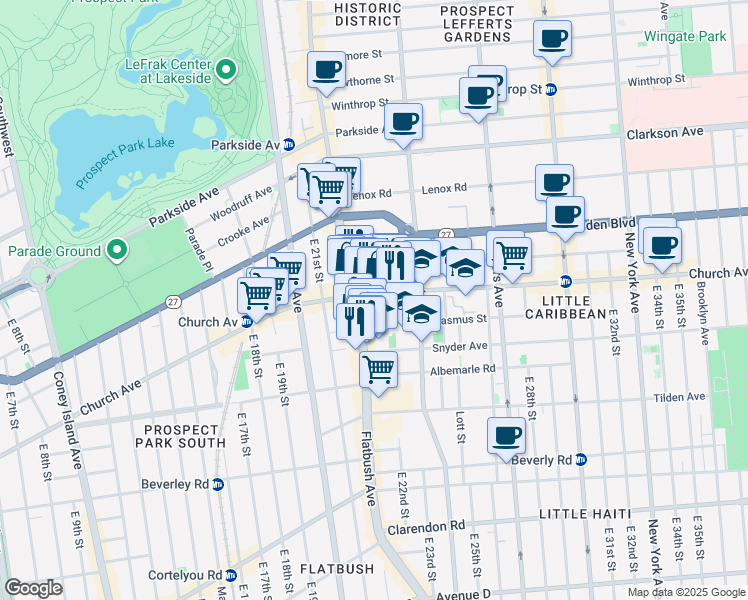 map of restaurants, bars, coffee shops, grocery stores, and more near 2244 Church Avenue in Brooklyn