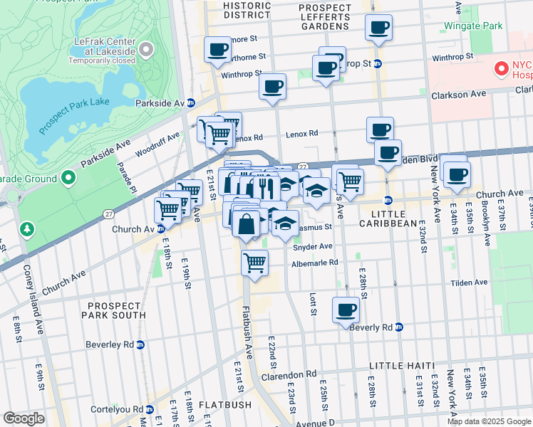 map of restaurants, bars, coffee shops, grocery stores, and more near 2244 Church Avenue in Brooklyn