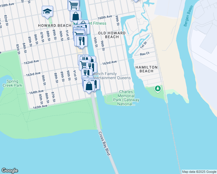 map of restaurants, bars, coffee shops, grocery stores, and more near 164-43 96th Street in Queens