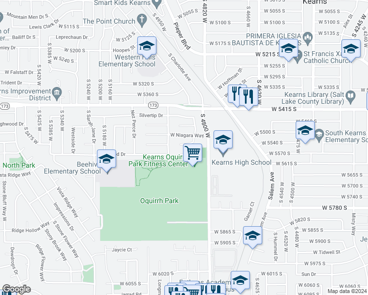 map of restaurants, bars, coffee shops, grocery stores, and more near 5556 Talon Circle in Kearns