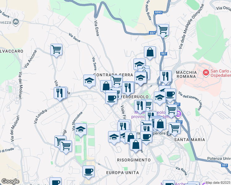 map of restaurants, bars, coffee shops, grocery stores, and more near 52 Via Messina in Potenza