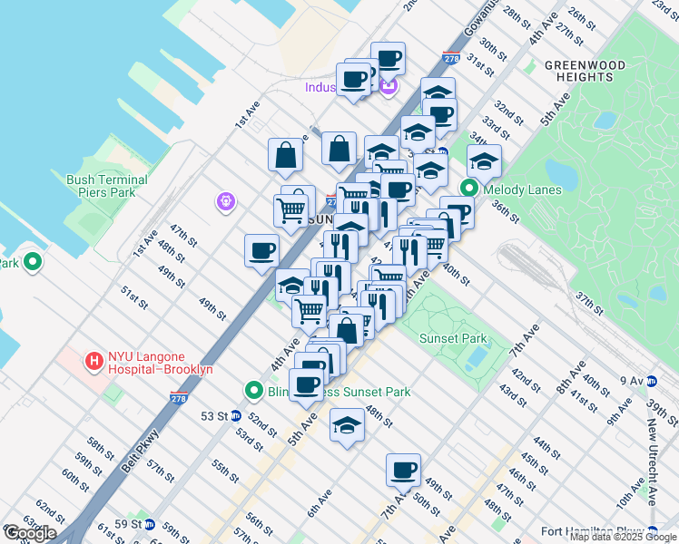 map of restaurants, bars, coffee shops, grocery stores, and more near 4314 4th Avenue in Brooklyn
