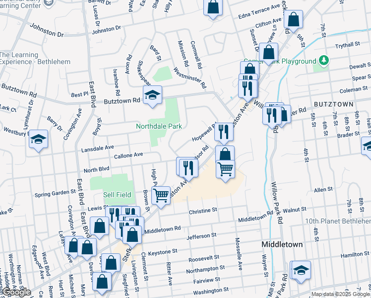 map of restaurants, bars, coffee shops, grocery stores, and more near 1929 Windsor Place in Bethlehem