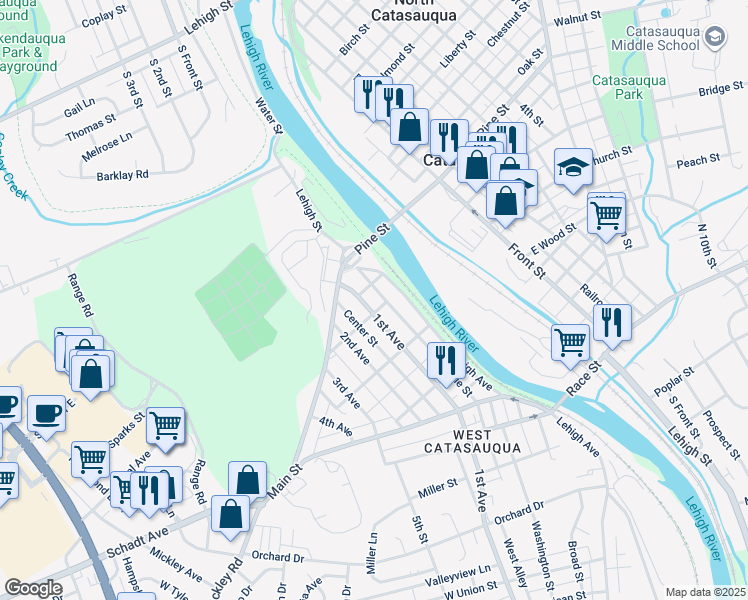 map of restaurants, bars, coffee shops, grocery stores, and more near 2301 North 1st Avenue in Lehigh County