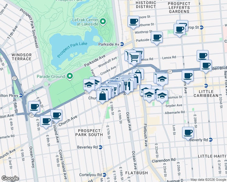 map of restaurants, bars, coffee shops, grocery stores, and more near 1911 Church Avenue in Brooklyn