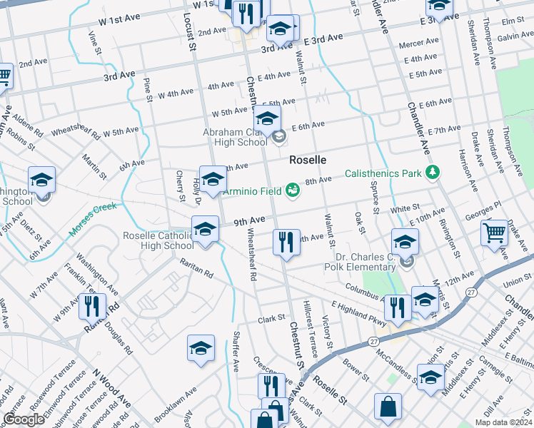 map of restaurants, bars, coffee shops, grocery stores, and more near 108 County Route 619 in Roselle