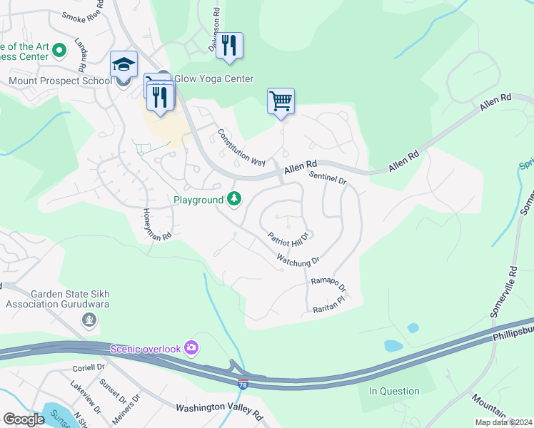 map of restaurants, bars, coffee shops, grocery stores, and more near 225 Patriot Hill Drive in Basking Ridge