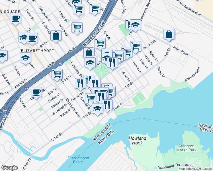 map of restaurants, bars, coffee shops, grocery stores, and more near 139 Broadway in Elizabeth