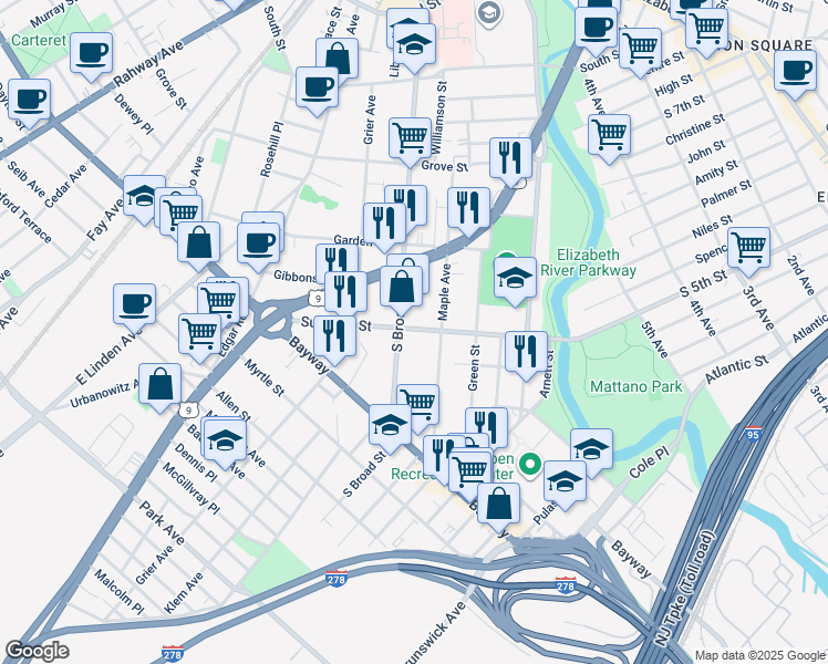 map of restaurants, bars, coffee shops, grocery stores, and more near 684 Summer Street in Elizabeth