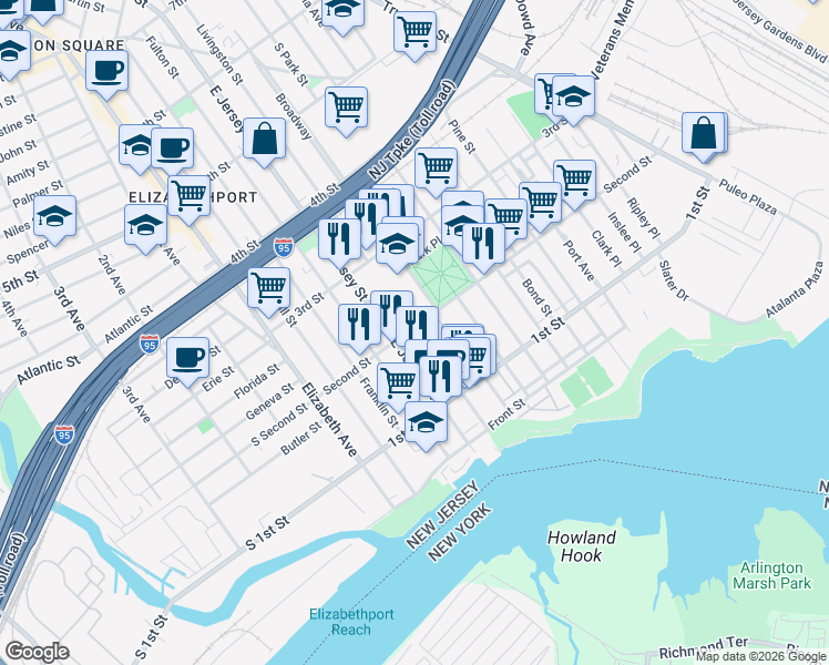 map of restaurants, bars, coffee shops, grocery stores, and more near 115 Second Street in Elizabeth