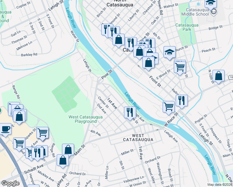map of restaurants, bars, coffee shops, grocery stores, and more near 2220 North Lehigh Avenue in Lehigh County