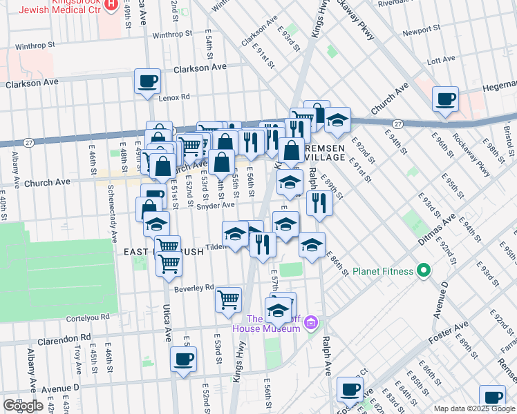 map of restaurants, bars, coffee shops, grocery stores, and more near 5606 Snyder Avenue in Brooklyn