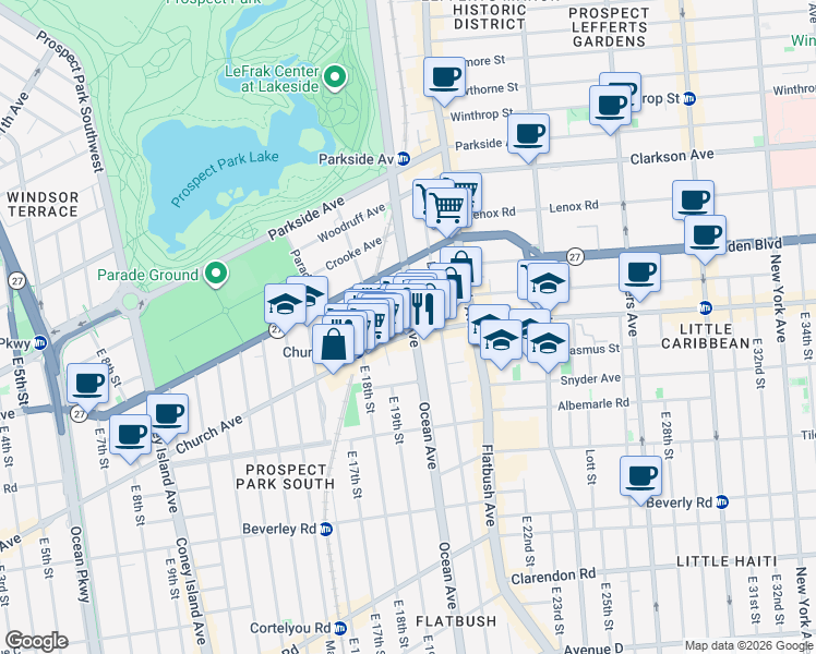 map of restaurants, bars, coffee shops, grocery stores, and more near 1911 Church Avenue in Brooklyn