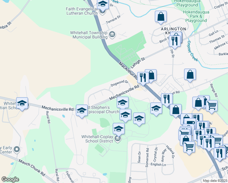 map of restaurants, bars, coffee shops, grocery stores, and more near 3818 Rosewood Lane in Lehigh County