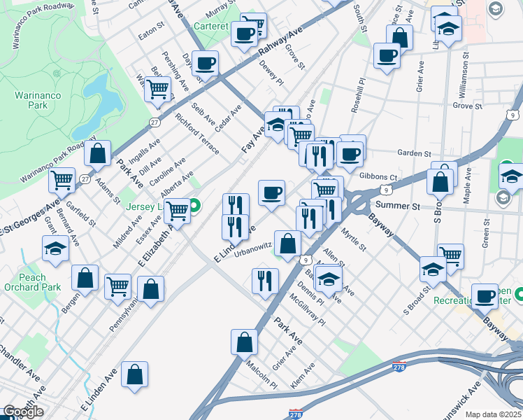 map of restaurants, bars, coffee shops, grocery stores, and more near 2419 East Linden Avenue in Linden