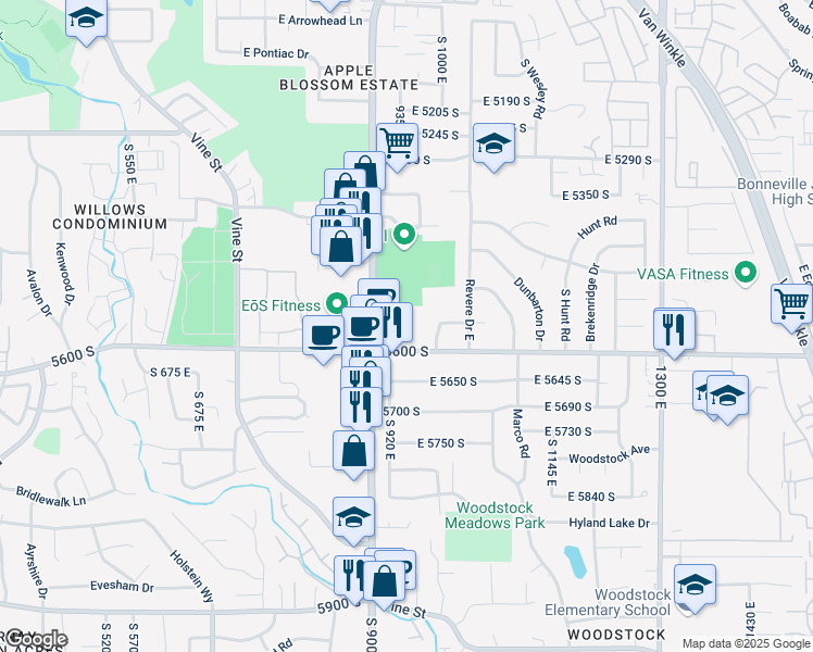 map of restaurants, bars, coffee shops, grocery stores, and more near 977 East 5600 South in Salt Lake City
