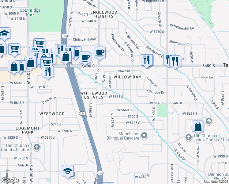 map of restaurants, bars, coffee shops, grocery stores, and more near 3520 West 5585 South in Salt Lake City