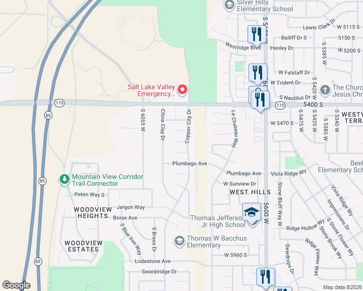 map of restaurants, bars, coffee shops, grocery stores, and more near 5910 West Horn Silver Circle in Kearns