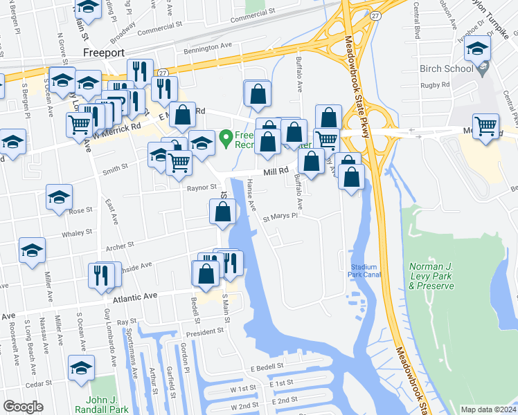 map of restaurants, bars, coffee shops, grocery stores, and more near 41 Hanse Avenue in Freeport