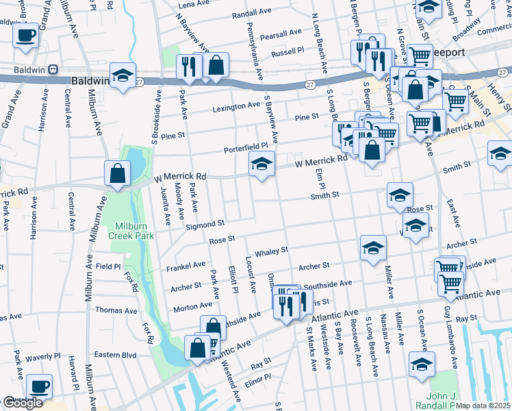 map of restaurants, bars, coffee shops, grocery stores, and more near 199 Washington Street in Freeport