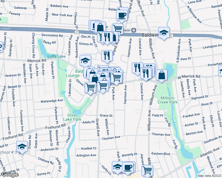 map of restaurants, bars, coffee shops, grocery stores, and more near 2470 Park Avenue in Baldwin